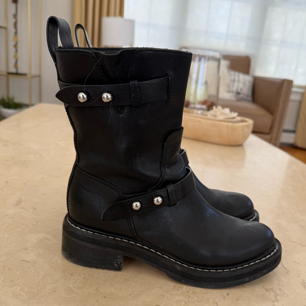 Rag & Bone Black Leather Moto Boots, size 7.5 / 37.5 EU